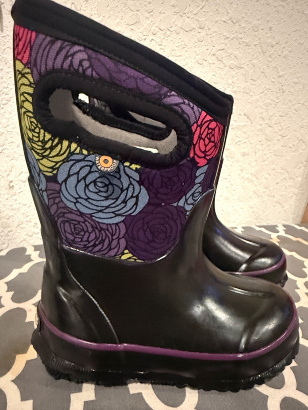 Bogs Black Rain Boots with Purple, Blue & Pink Floral Upper